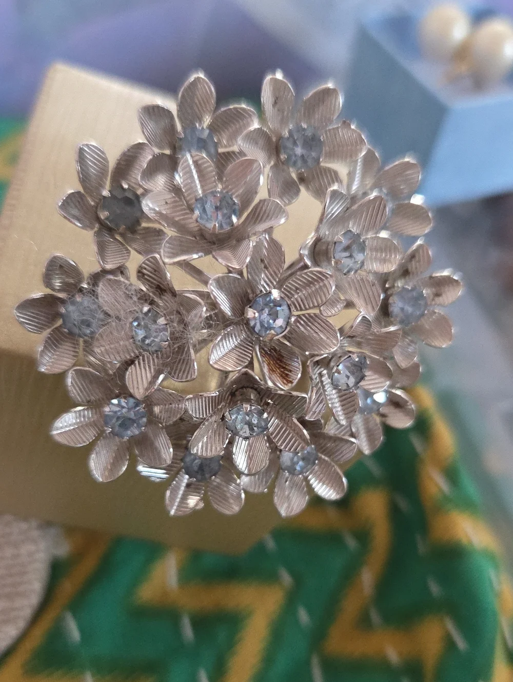 Vintage Coro Silver-Tone Floral Cluster Brooch with Blue Clear Stones